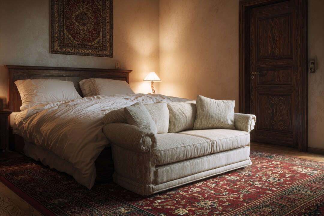 Classic Bedroom Design With A King Size Bed And a 2-Seater Sofa