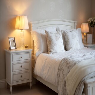 Classic Bedroom Design With A Queen Bed And White Side Tables With Drawers