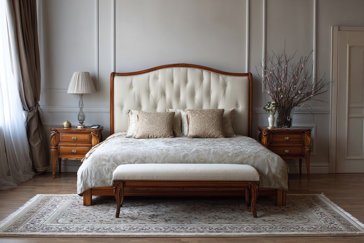Classic Bedroom Design With A Queen Size Bed Featuring A Cream Headboard With Wooden Borders Classic Bedroom Design With A Queen Size Bed Featuring A Cream Headboard With Wooden Borders