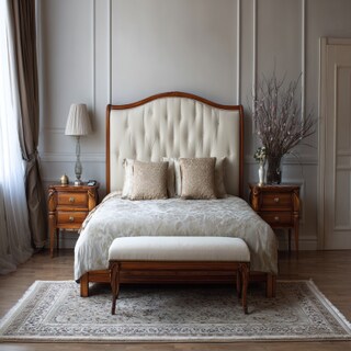 Classic Bedroom Design With A Queen Size Bed Featuring A Cream Headboard With Wooden Borders