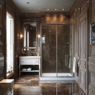 Classic Brown Bathroom Design With A Separate Shower Area