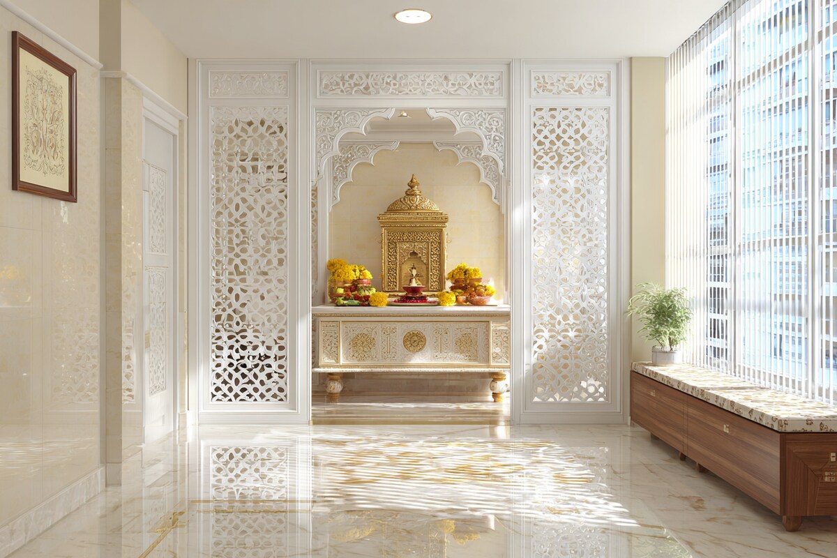 Classic Compact Mandir Design With Jaali Door