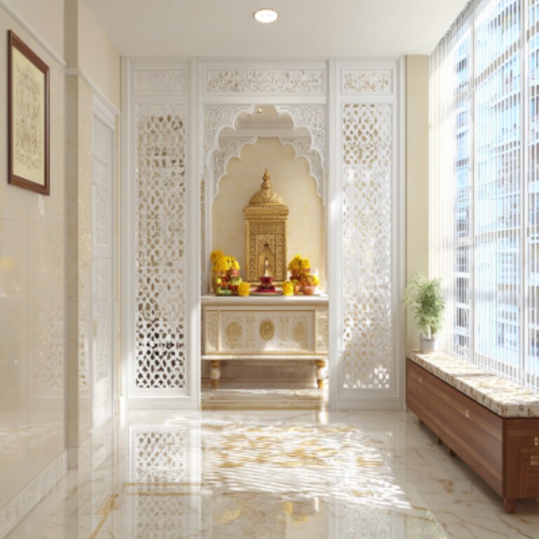 Classic Compact Mandir Design With Jaali Door