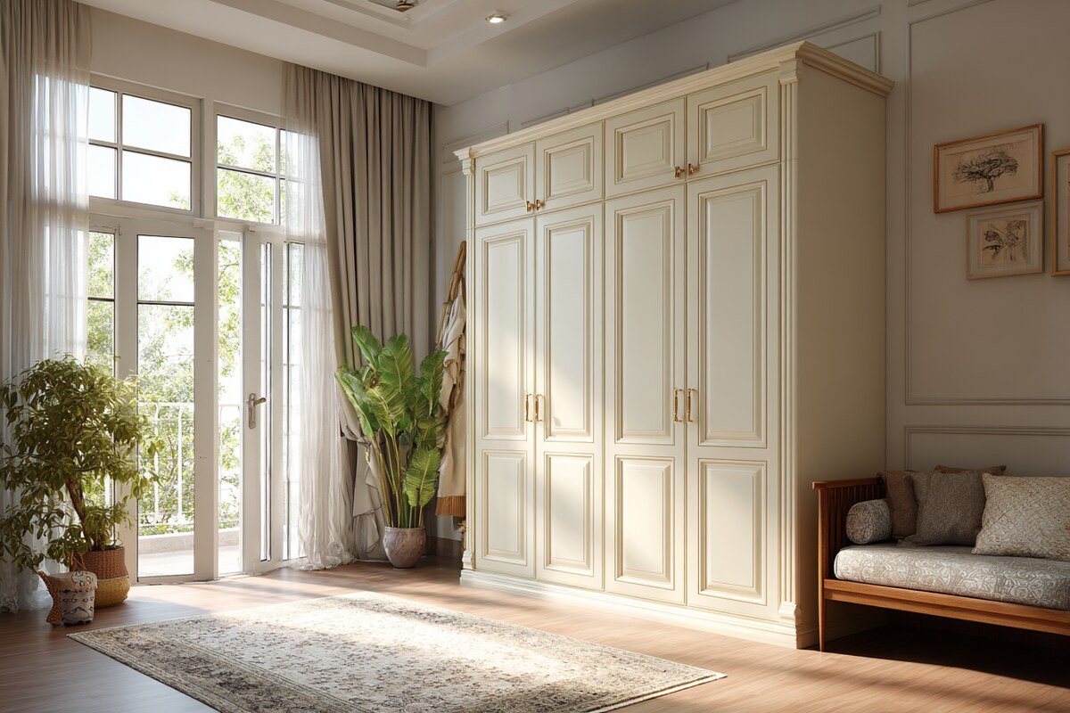 Classic Cream 4-Door Swing Wardrobe Design With Loft