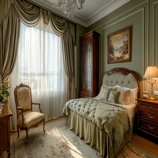 Classic Green Master Bedroom Design with Chaise Lounge