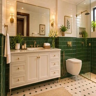 Classic Green White Bathroom Design with Vanity Storage and Rectangle Mirror
