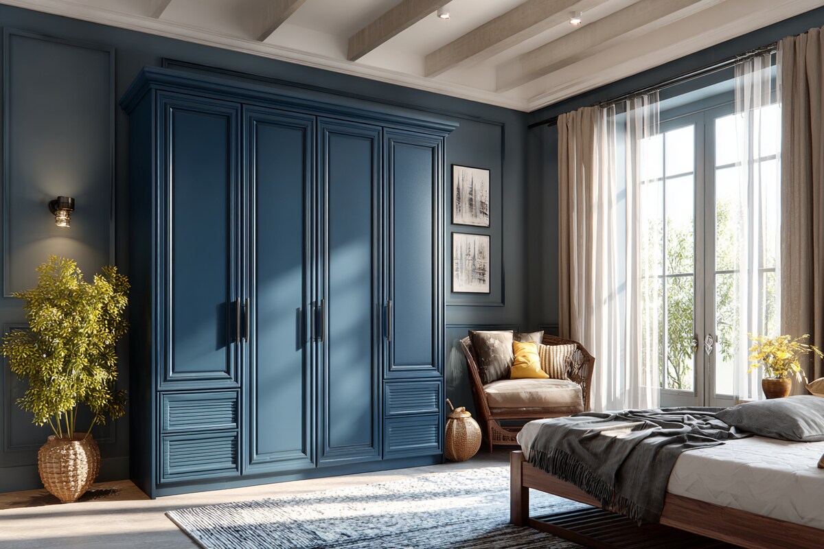 Classic Indigo Blue 4-Door Swing Wardrobe Design With Matte Finish Classic Indigo Blue 4-Door Swing Wardrobe Design With Matte Finish