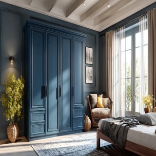 Classic Indigo Blue 4-Door Swing Wardrobe Design With Matte Finish