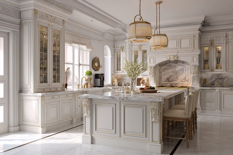Classic Island Kitchen Design With Ornate White Cabinets and Marble ...