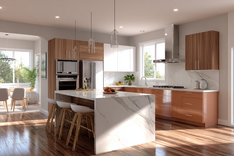 Classic Island Kitchen Design with Pomelia Cabinets and Quartz Countertops