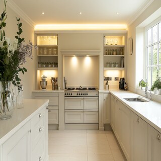 Classic L-Shaped Kitchen Design in Off White With Cream Cabinets