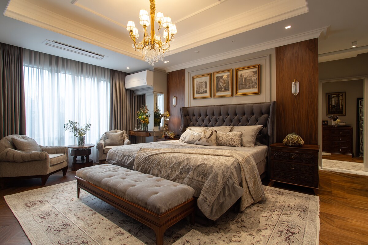 Classic Master Bedroom Design with King Bed and Black Wooden Accents Classic Master Bedroom Design with King Bed and Black Wooden Accents