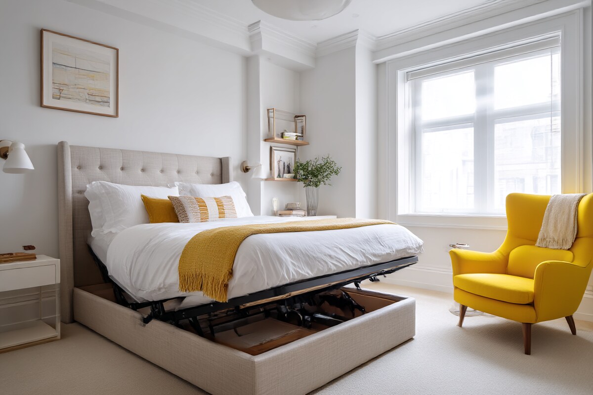 Classic Master Bedroom Design with King Bed with Hydraulic Storage and Yellow Accent Chair Classic Master Bedroom Design with King Bed with Hydraulic Storage and Yellow Accent Chair