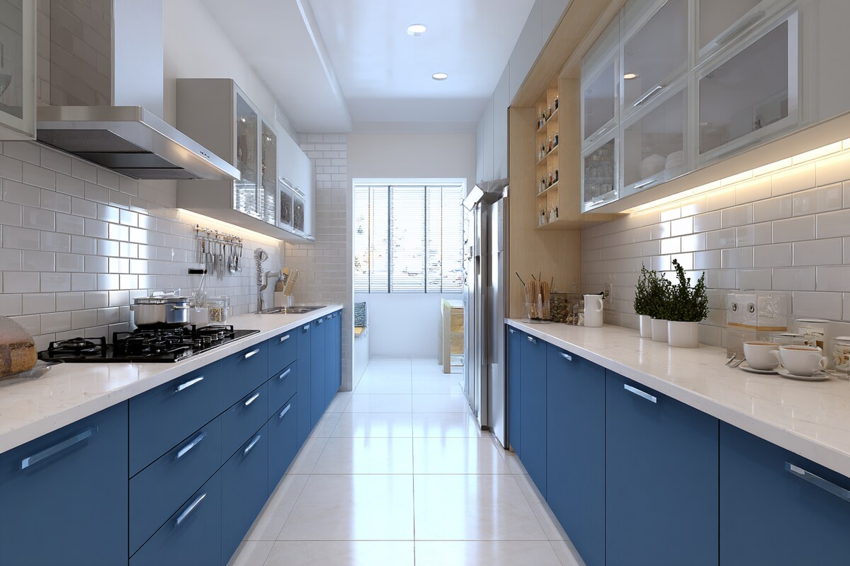 Classic Parallel Kitchen Design with Denim Suedette Cabinets Classic Parallel Kitchen Design with Denim Suedette Cabinets