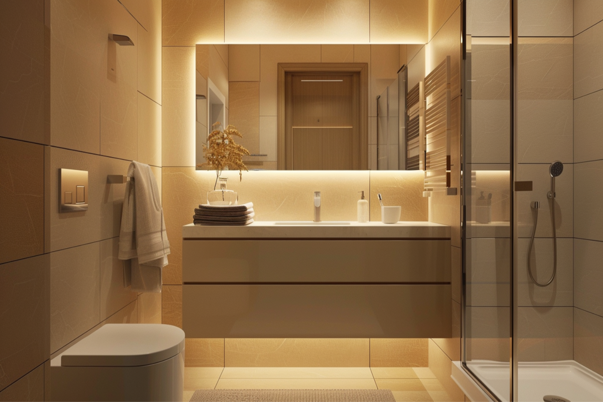 Classic Small Bathroom Design Idea With Beige Coloured Tiles