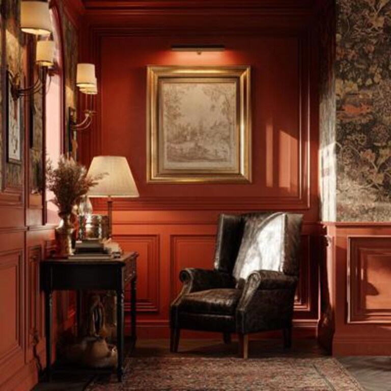 Classic Terracotta Red Wall Paint Design With Wooden Wall Panelling and Ornate Wallpaper