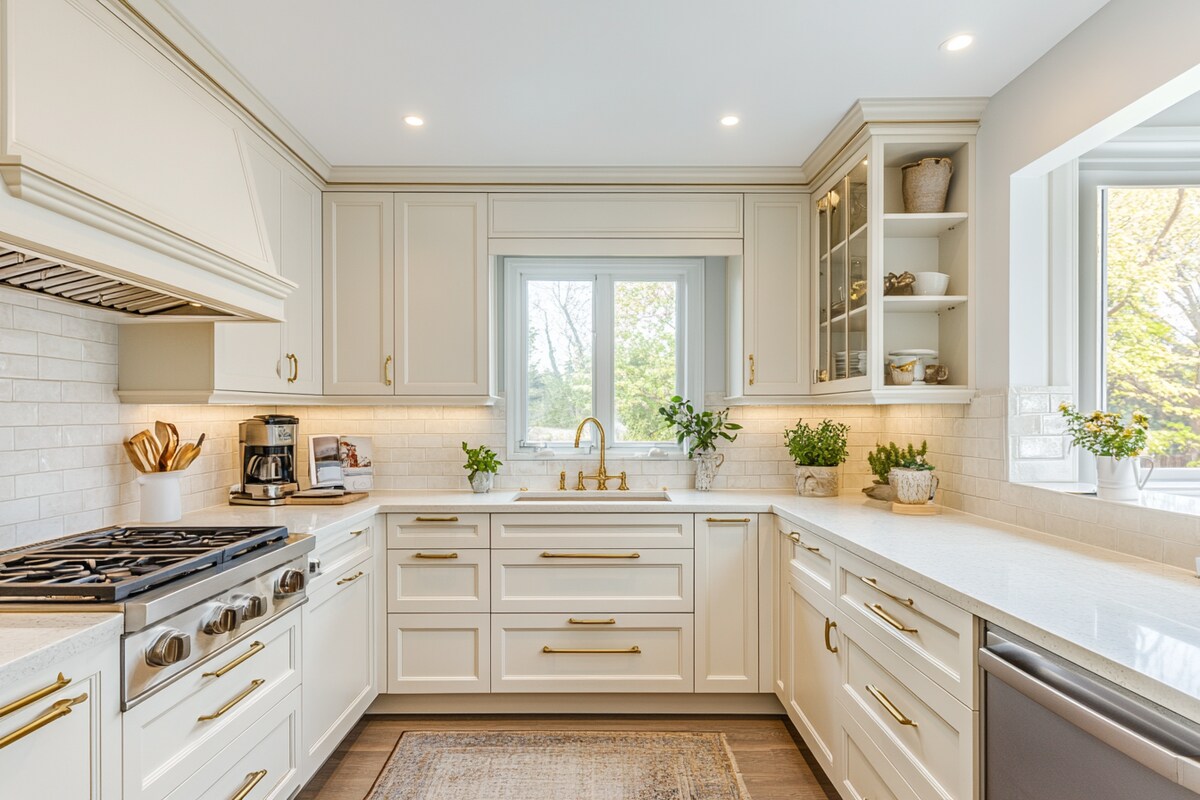 Classic U-Shaped Kitchen Design Gold Hardware and Quartz Counters Classic U-Shaped Kitchen Design Gold Hardware and Quartz Counters