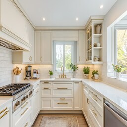 Contemporary U-Shaped Kitchen Design in Irish Cream with Quartz Countertop