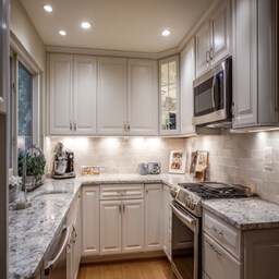 Modern White and Silver L Shape Kitchen Design with Granite Countertop