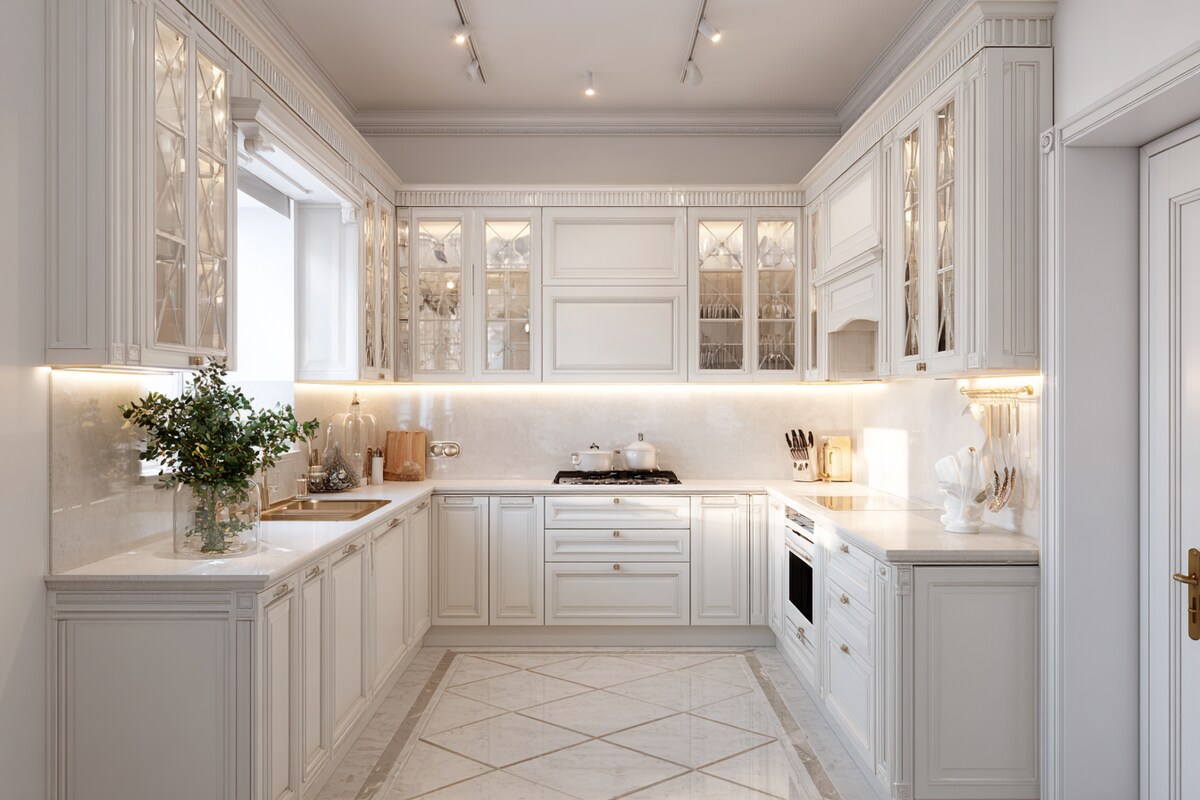Classic White U-Shaped Kitchen Design with Glass Cabinets and Molding Classic White U-Shaped Kitchen Design with Glass Cabinets and Molding