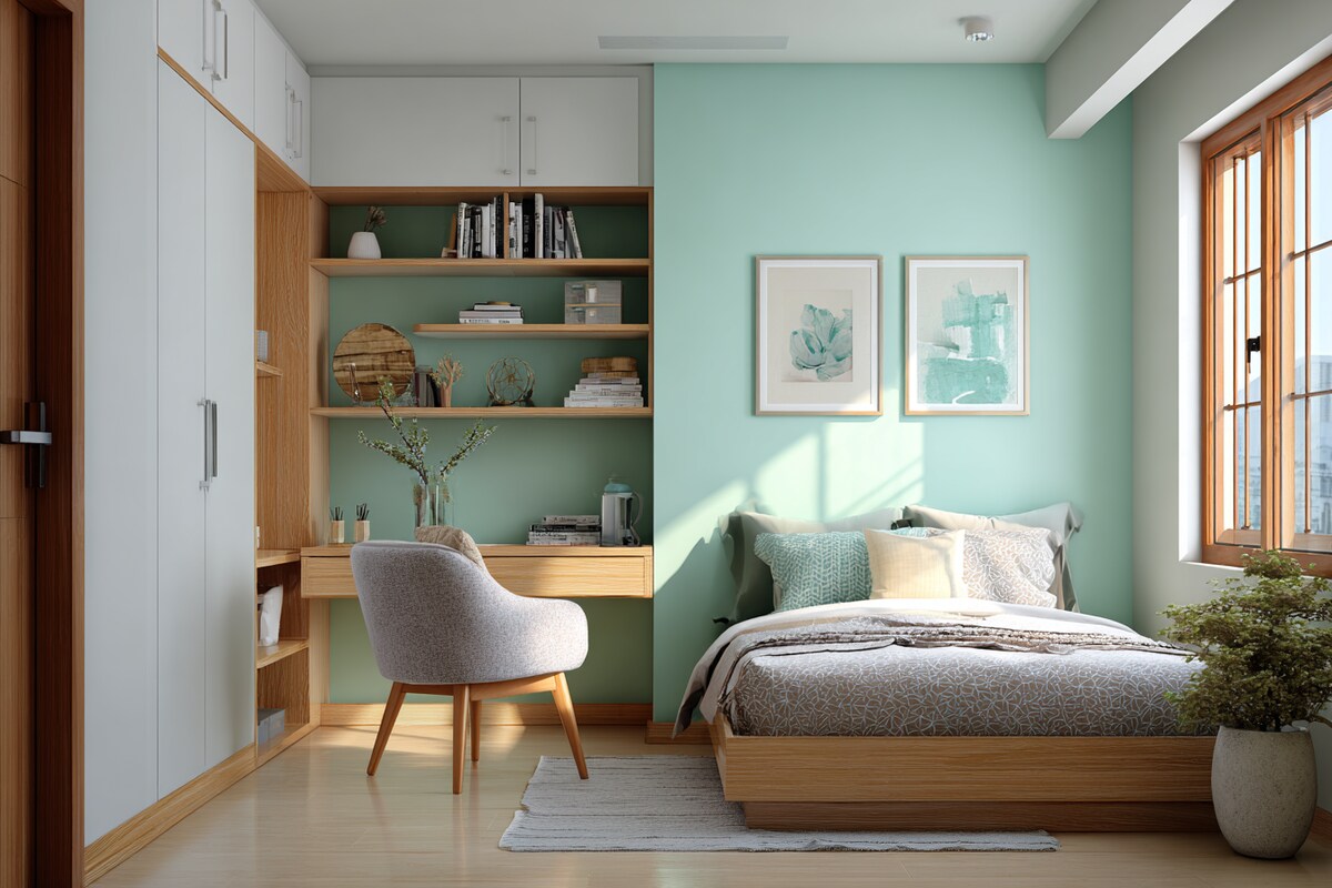 Colourful Mint and White Wall Colour Combination for Bedroom with Wooden Study Table and Fabric Chair Colourful Mint and White Wall Colour Combination for Bedroom with Wooden Study Table and Fabric Chair
