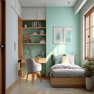 Colourful Mint and White Wall Colour Combination for Bedroom with Wooden Study Table and Fabric Chair