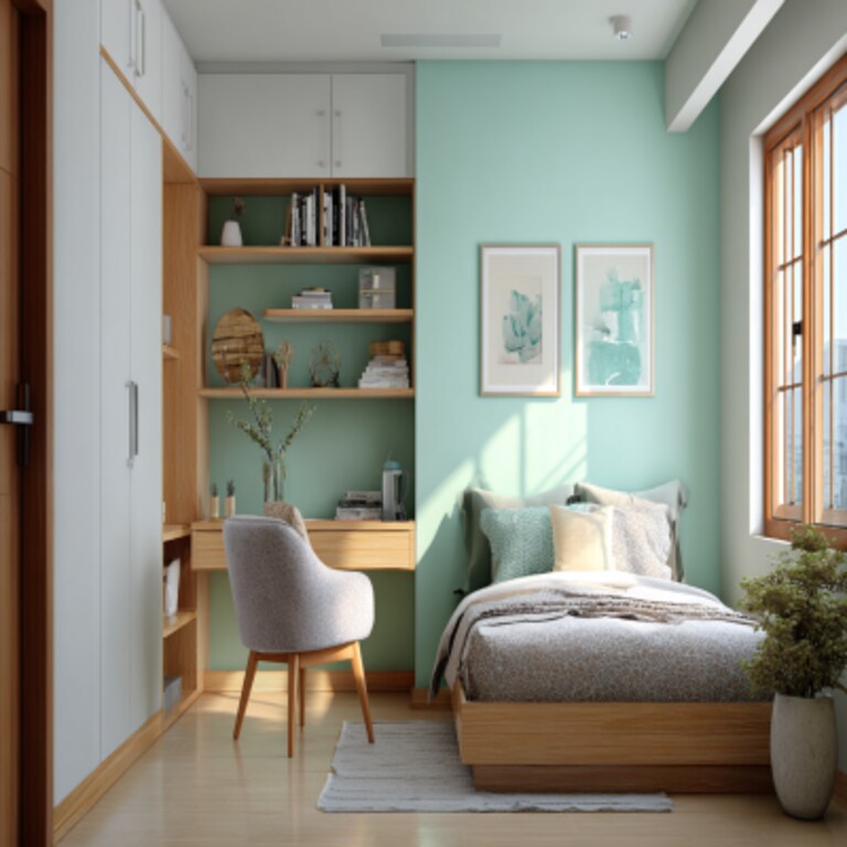 Colourful Mint and White Wall Colour Combination for Bedroom with Wooden Study Table and Fabric Chair Colourful Mint and White Wall Colour Combination for Bedroom with Wooden Study Table and Fabric Chair