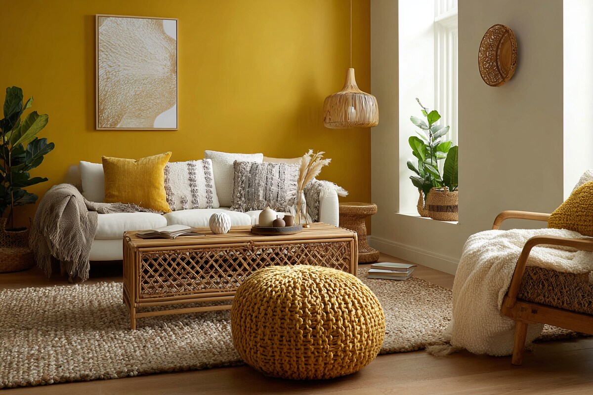 Colourful Mustard and Cream Wall Colour Combination for Living Room with Woven Pouf and Rattan Coffee Table Colourful Mustard and Cream Wall Colour Combination for Living Room with Woven Pouf and Rattan Coffee Table