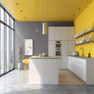 Comfortable Grey and Yellow Wall Colour Combination for Kitchen with Island Counter and Hanging Shelves