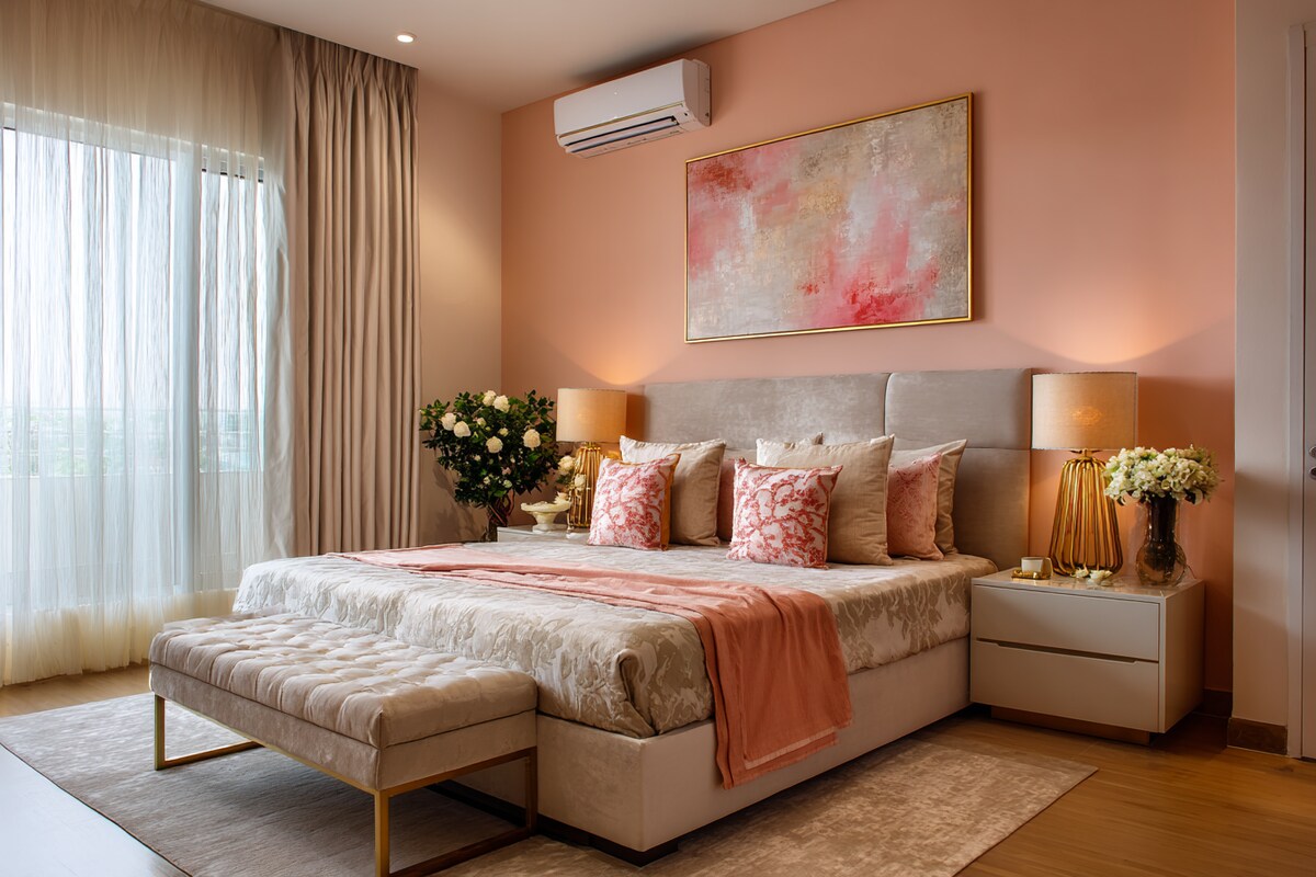Comfortable Peach and Cream Wall Colour Combination for Bedroom with Upholstered Bed and Bedside Lamps Comfortable Peach and Cream Wall Colour Combination for Bedroom with Upholstered Bed and Bedside Lamps