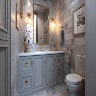 Compact Grey Bathroom Design With Mid-Century Brass Handles