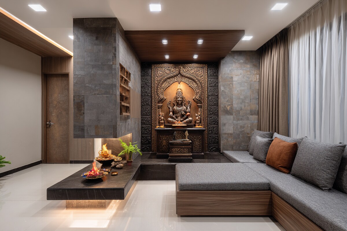 Compact Grey-Themed Mandir Design Compact Grey-Themed Mandir Design