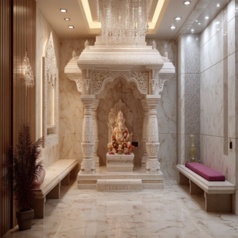 Compact Marble Mandir Design With A Crystal Chandelier