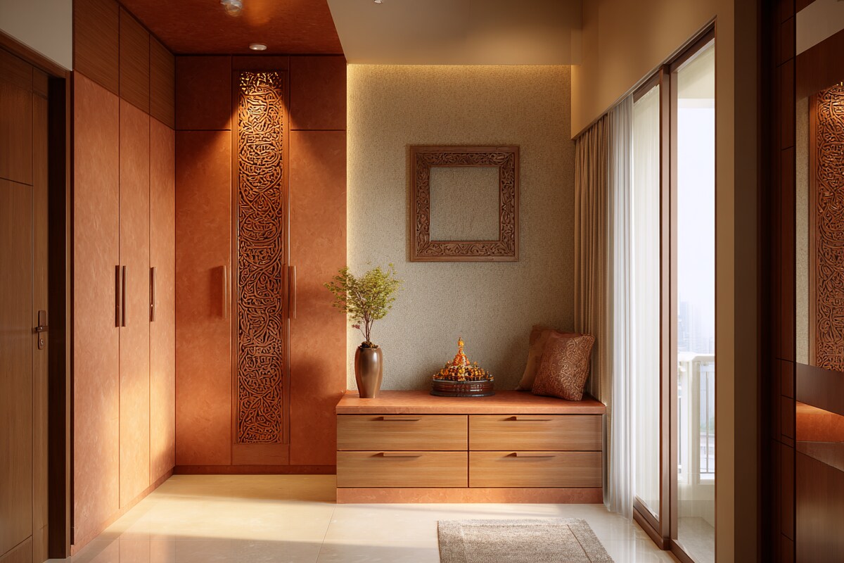 Compact Modern Pooja Room Design With Earthy Tones Compact Modern Pooja Room Design With Earthy Tones