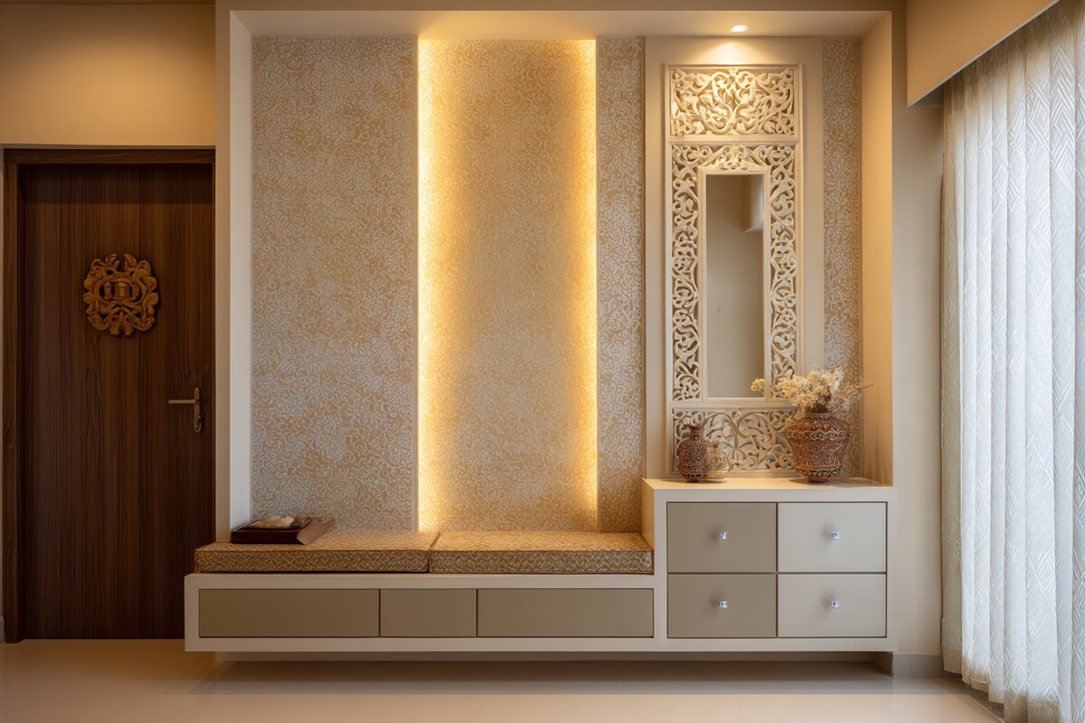Compact Pooja Room Design With Backlit Frame Compact Pooja Room Design With Backlit Frame