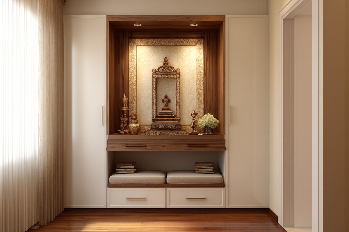 Compact Pooja Room Design With Minimal Storage Solutions Compact Pooja Room Design With Minimal Storage Solutions