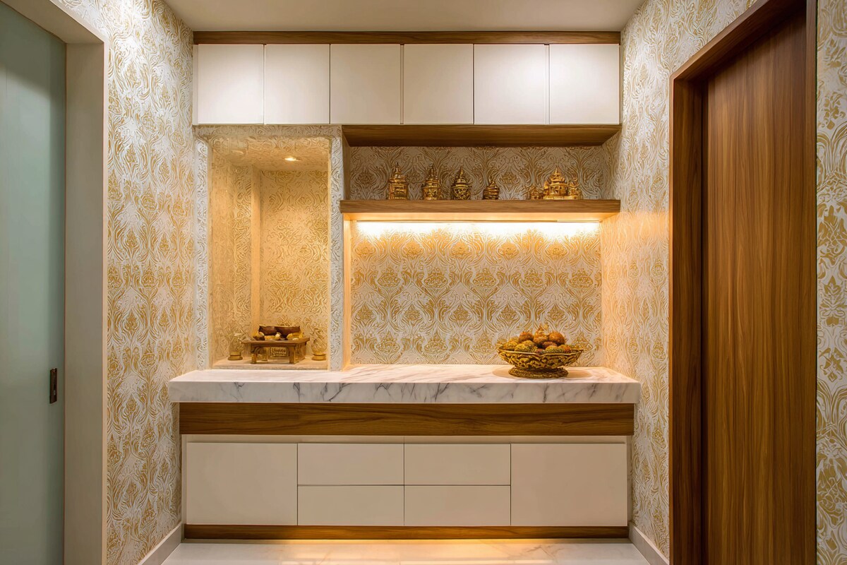 Compact Pooja Room Design With Patterned Wallpaper