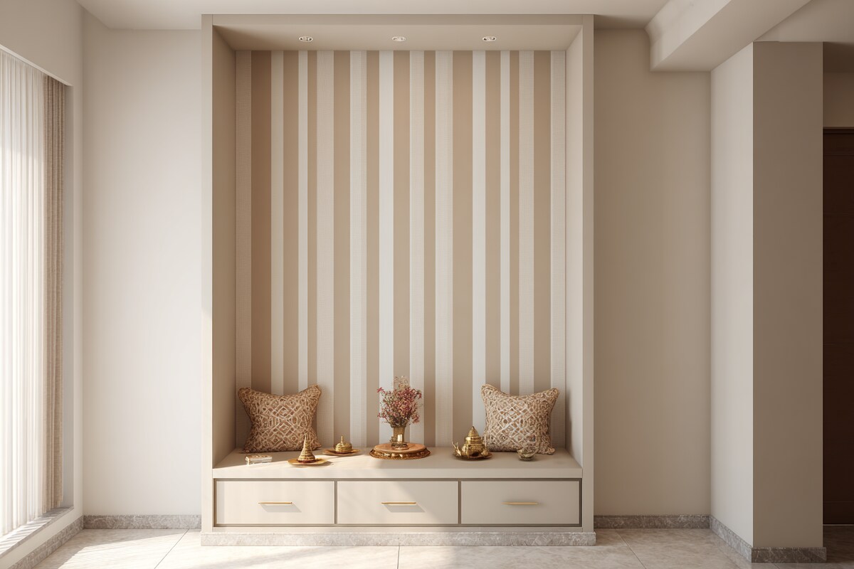 Compact Pooja Room Design With Striped Wallpaper Compact Pooja Room Design With Striped Wallpaper