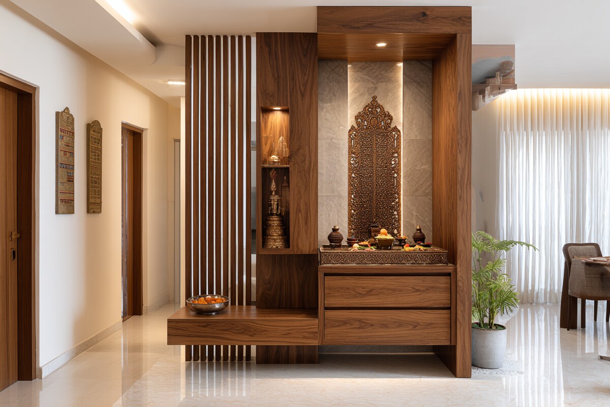 Compact Traditional Mandir Design With Wooden Partition Compact Traditional Mandir Design With Wooden Partition