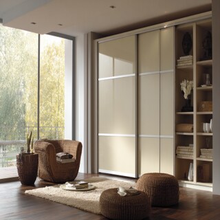 Contemporary 3-Door Sliding Wardrobe Design in Champagne and Ivory Finish