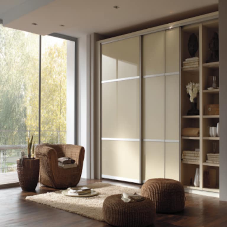 Contemporary 3-Door Sliding Wardrobe Design in Champagne and Ivory Finish