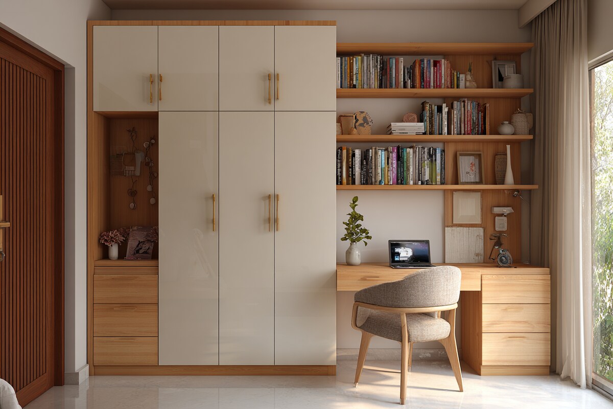 Contemporary 3-Door Swing Wardrobe Design with Desk and Shelves
