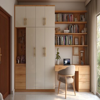 Contemporary 3-Door Swing Wardrobe Design with Desk and Shelves