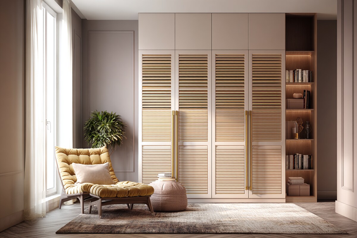 Contemporary 4-Door Swing Wardrobe Design with Louvred Doors Contemporary 4-Door Swing Wardrobe Design with Louvred Doors