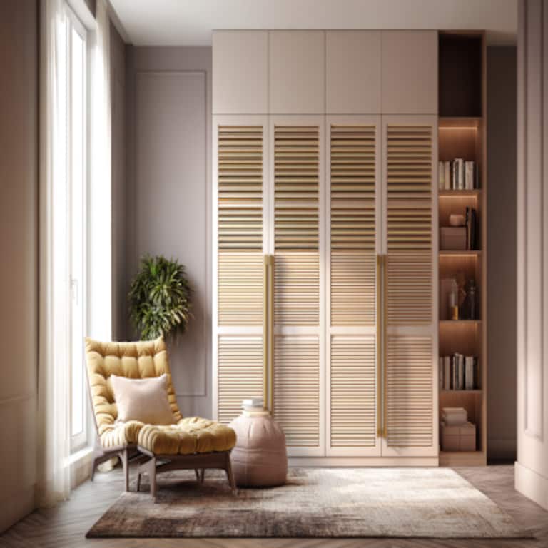 Contemporary 4-Door Swing Wardrobe Design with Louvred Doors