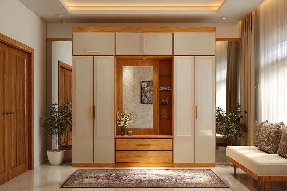 Contemporary 4-Door Swing Wardrobe Design with Mirror and Display Shelves Contemporary 4-Door Swing Wardrobe Design with Mirror and Display Shelves