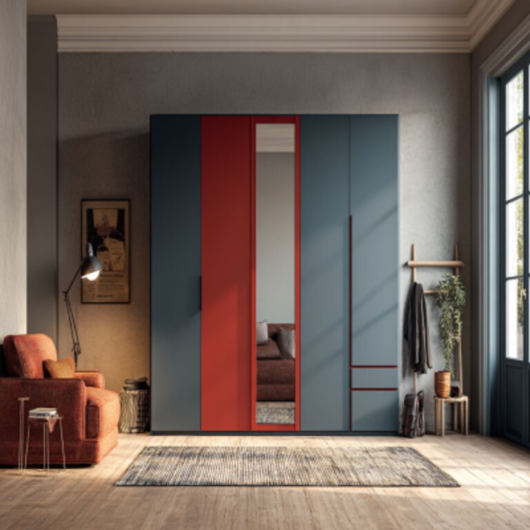 Contemporary 4-Door Wardrobe Design in Blue with Red Doors and Mirror