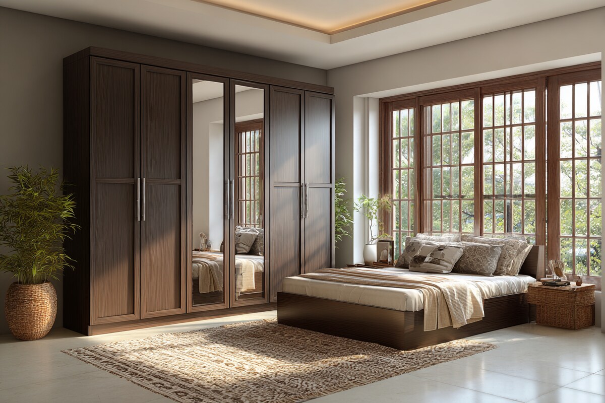 Contemporary 6-Door Swing Wardrobe Design with Integrated Mirror