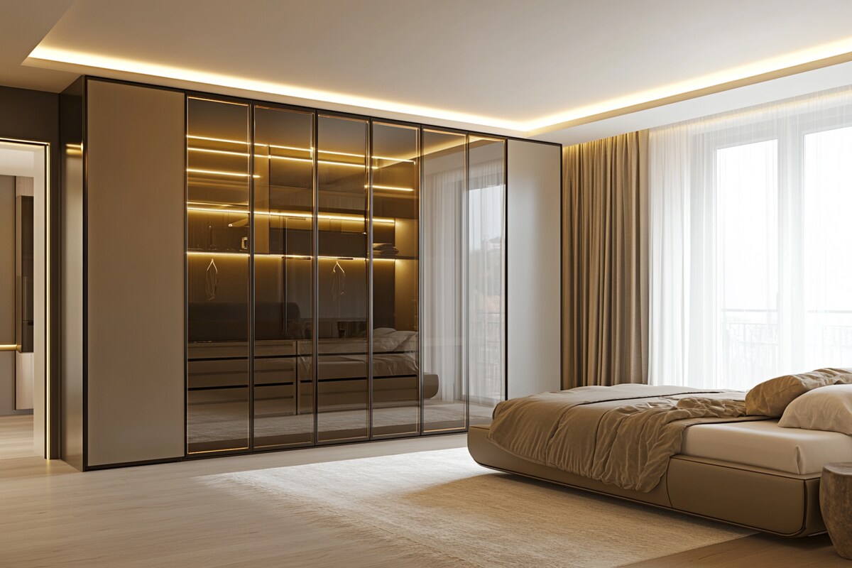 Contemporary 8-Door Swing Wardrobe Design with Glass Panels