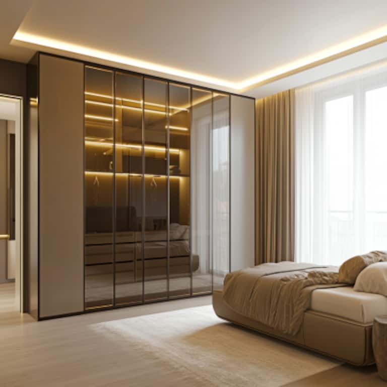 Contemporary 8-Door Swing Wardrobe Design with Glass Panels